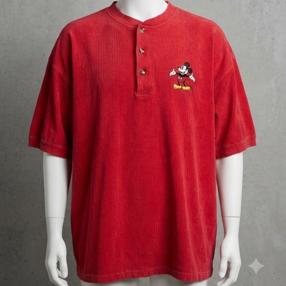 Vintage 90s Disney Store Mickey Mouse Red Ribbed Henley Shirt XL Short Sleeve